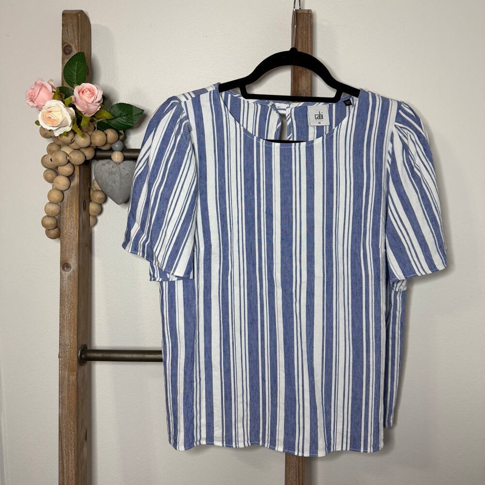 Cabi Style 5343 Blue White Short Sleeve Linen Blouse Size Medium - Picture 1 of 8